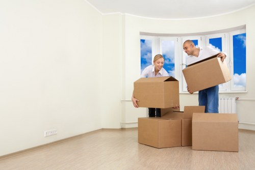 Commercial office relocation equipment prepared for transport in Hammersmith