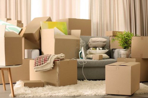 Removal crew handling boxes in a West London apartment building