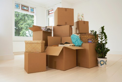 Packed office furniture and equipment ready for a commercial move